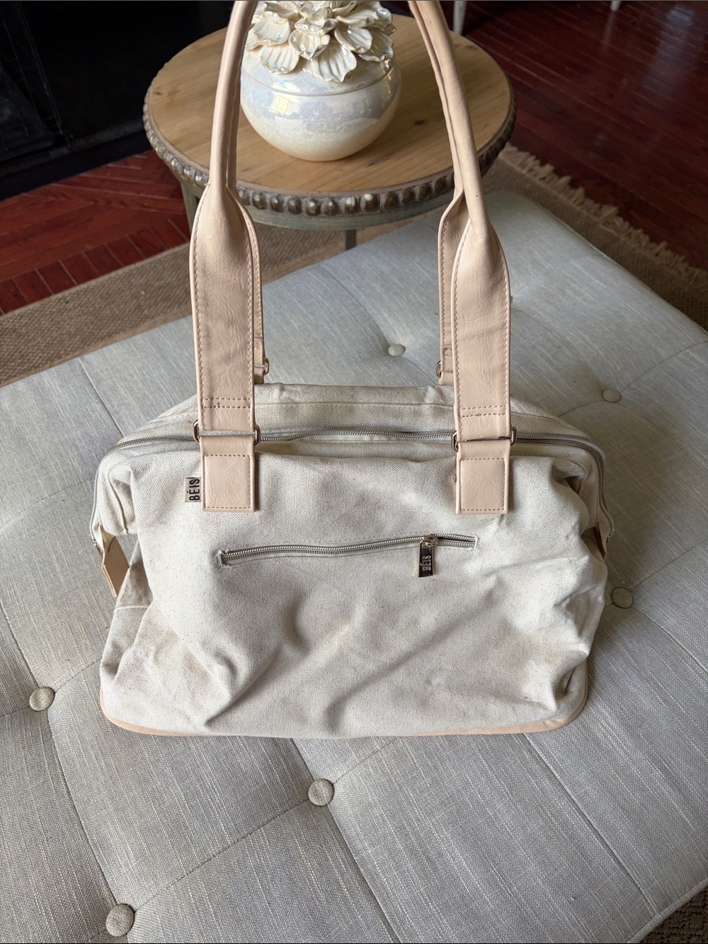BEIS Beige Canvas Weekender Carry-On Overnight Travel Tote Bag Read Description